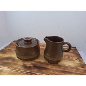Vintage Three Tone Brown Stoneware‎ Covered Sugar and Creamer Set